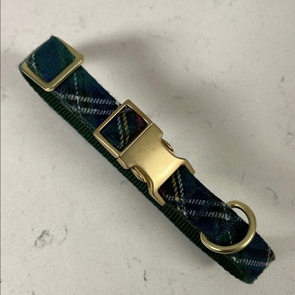 Holly Jolly Green Plaid Flannel Dog Collar Gold-tone Hardware Small-Medium X-MAS